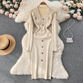 Single Breasted V-neck Knitted Dress