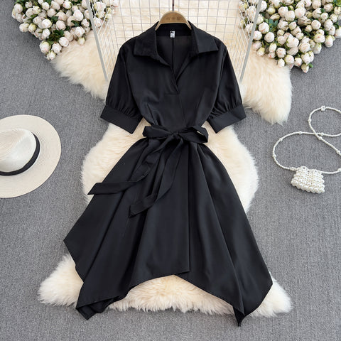 Solid Colour V-neck Bow Tie Dress