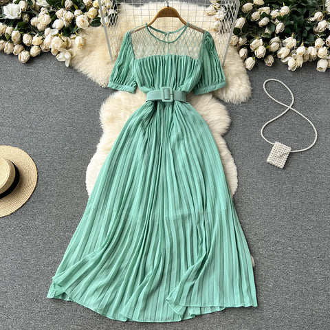 High Waist Tied Chiffon Pleated Dress