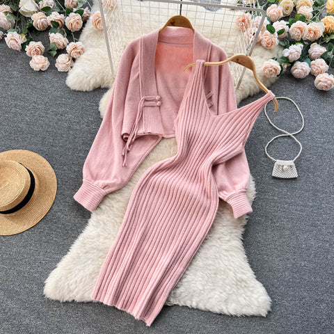 Cardigan Shawl&Halter Dress 2Pcs Set