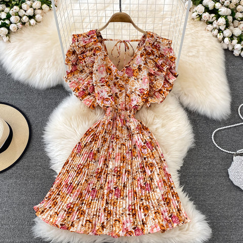 V-Neck Ruffle Sleeve Floral Pleated Dress