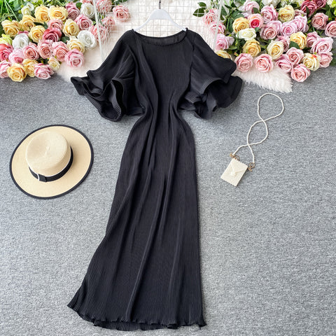 Ruffled Flared Sleeve Pleated Dress