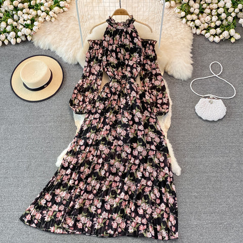 Puff-sleeve Halterneck Off-the-shoulder Floral Dress