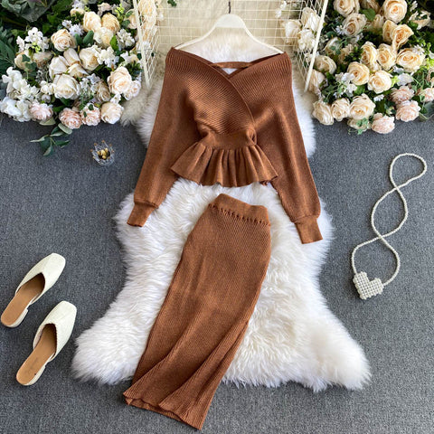 Off-the-shoulder Top&Skirt Knitted 2Pcs
