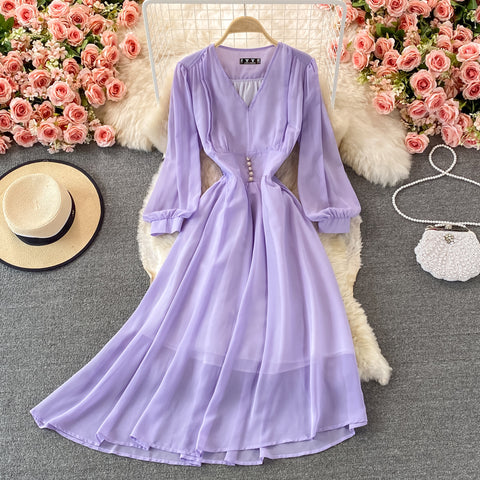 Puff Sleeve High Waist V Neck Chiffon Dress