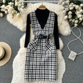 Bottom Sweater&Houndstooth Strappy Dress 2Pcs