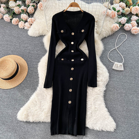 Single Breasted V-neck Knitted Dress