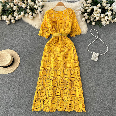 Crochet Lace Hollowed Long-sleeve Dress