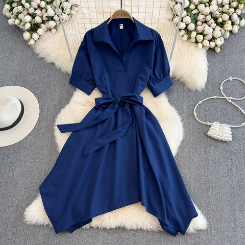 Solid Colour V-neck Bow Tie Dress