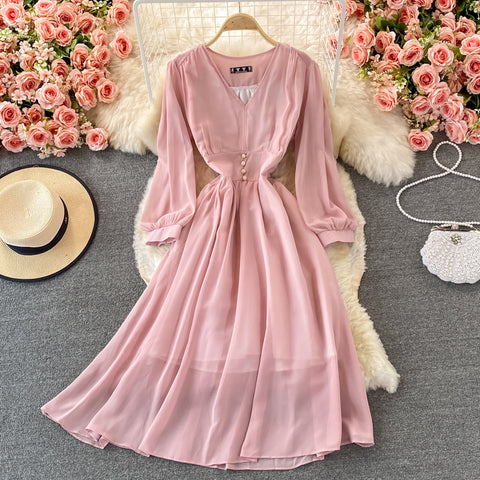 Puff Sleeve High Waist V Neck Chiffon Dress