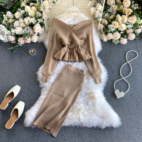 Off-the-shoulder Top&Skirt Knitted 2Pcs