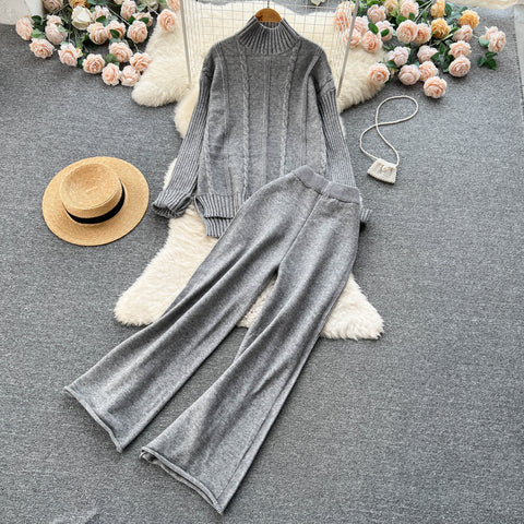 High-neck Sweater&Flared Trousers 2Pcs