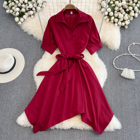 Solid Colour V-neck Bow Tie Dress
