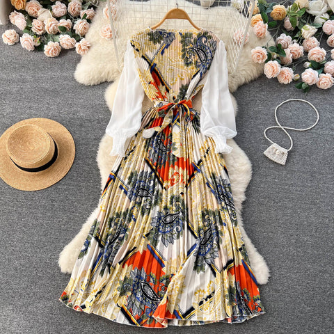 Ethnic Style Floral Print Pleated Dress