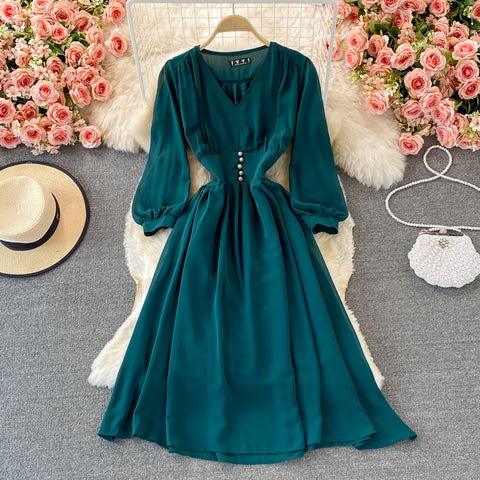 Puff Sleeve High Waist V Neck Chiffon Dress
