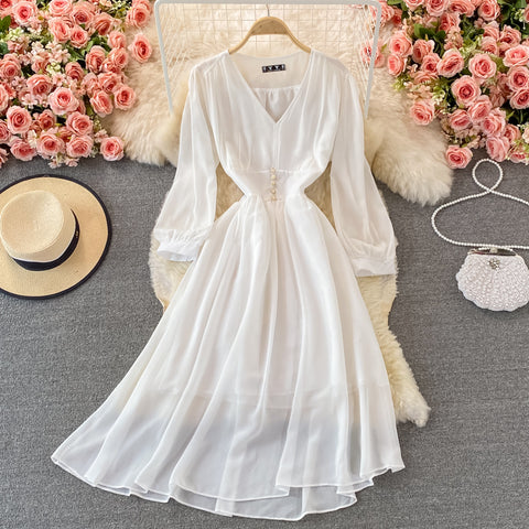 Puff Sleeve High Waist V Neck Chiffon Dress