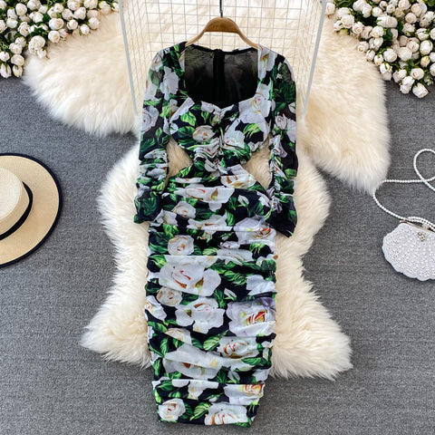 Square Neck Stretch Skinny Pack Hip Dress