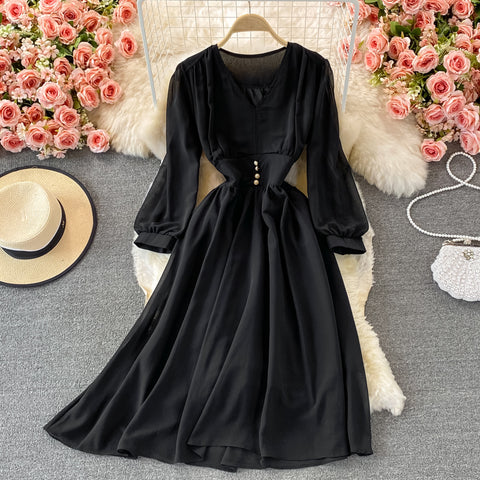 Puff Sleeve High Waist V Neck Chiffon Dress