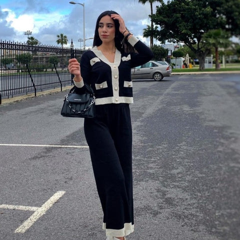 Two-piece V-neck Cardigan Sweater And High-waisted Wide-leg Trousers